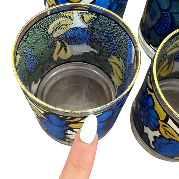 Vintage 1960s CCC Hazel Atlas Blue Yellow Floral Faux Stained Glass Set of 5 - Picture 7 of 16